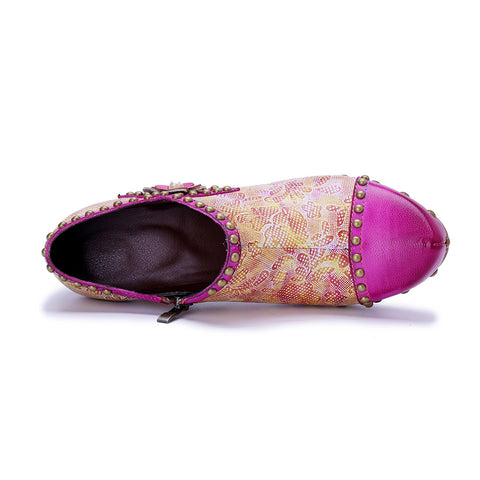 2026 New Women's Leather Hand-polished Printing Retro Three-dimensional Flowers Rivet High Heels
