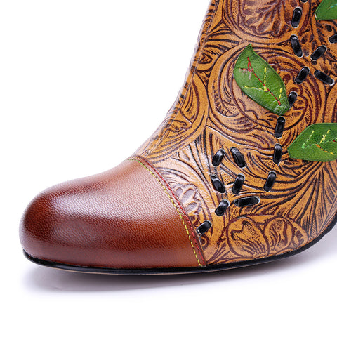 2026 Leather Hand-polished Printing Three-dimensional Flower Thick Heel Side Zipper Women's Boots