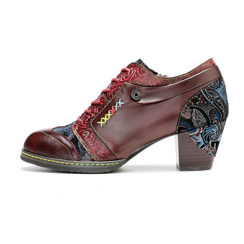 Leather Hand-rubbed Retro Print Stitching Chunky Heel Strappy High Heels