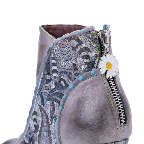 2026 New Handmade Leather Polishing Splicing Printing Process Heel Zipper Thick Heel Short Boots