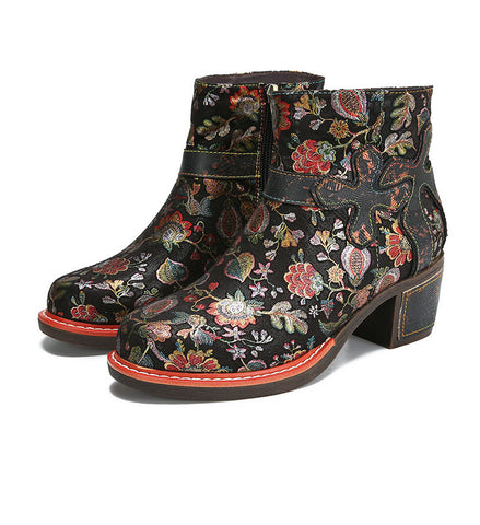 Ethnic floral women's round toe cowhide women's leather boots