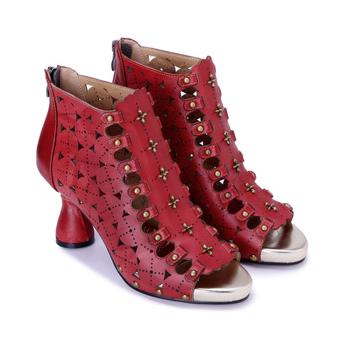 2026 New Women's Handmade Leather Polish color Hollow Splicing Rivet High Heel Sandals