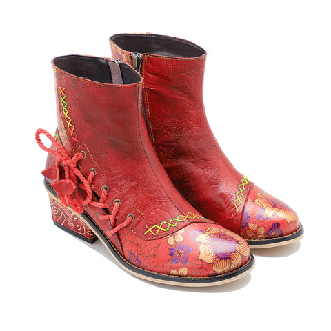 Hand-rubbed leather stitching printed strappy women's short boots