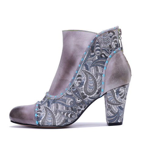 2026 New Handmade Leather Polishing Splicing Printing Process Heel Zipper Thick Heel Short Boots