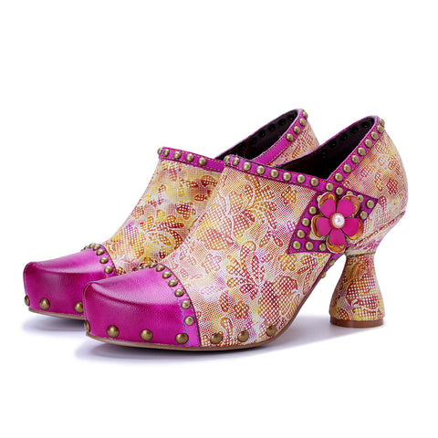 2026 New Women's Leather Hand-polished Printing Retro Three-dimensional Flowers Rivet High Heels