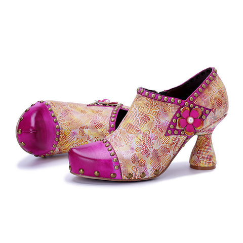 2026 New Women's Leather Hand-polished Printing Retro Three-dimensional Flowers Rivet High Heels
