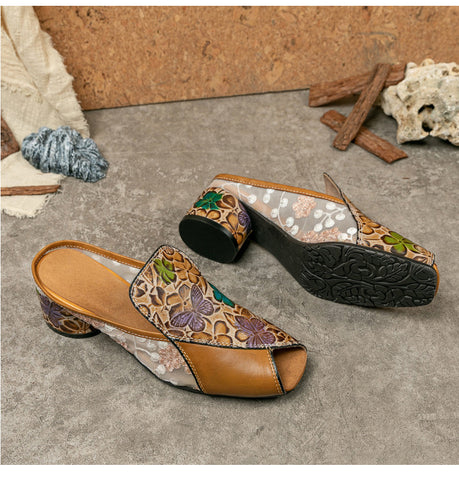 Peep-toe Colorful Leather Slippers