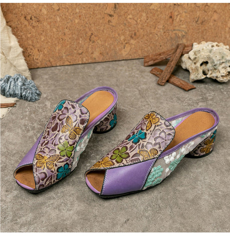 Peep-toe Colorful Leather Slippers