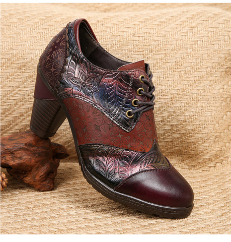 Retro Handmade Leather Patchwork Floral Pumps
