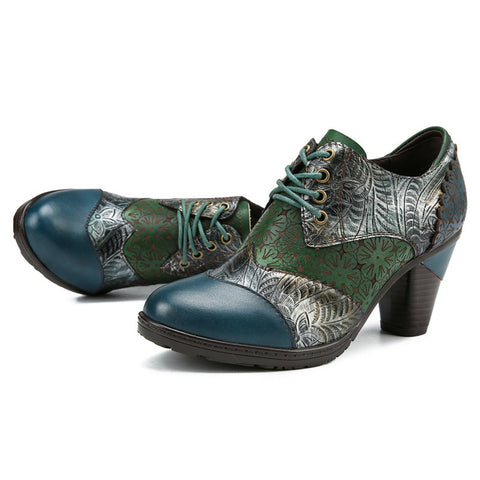 Retro Handmade Leather Patchwork Floral Pumps