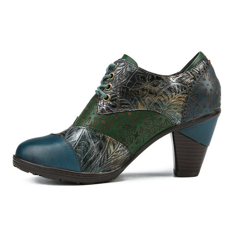 Retro Handmade Leather Patchwork Floral Pumps