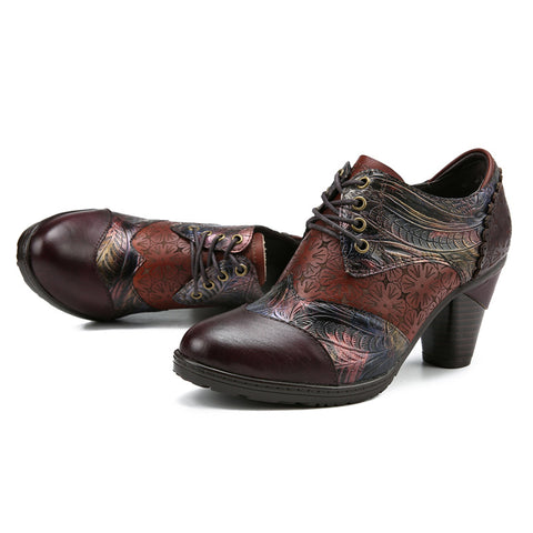 Retro Handmade Leather Patchwork Floral Pumps