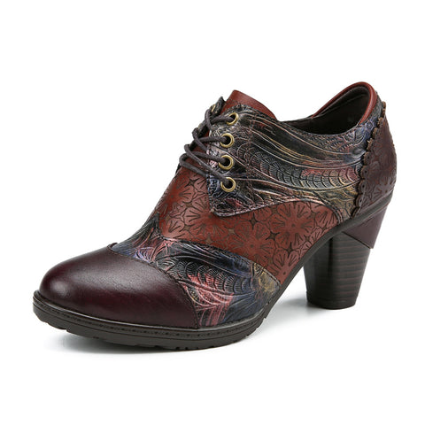 Retro Handmade Leather Patchwork Floral Pumps