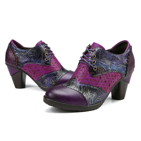 Retro Handmade Leather Patchwork Floral Pumps