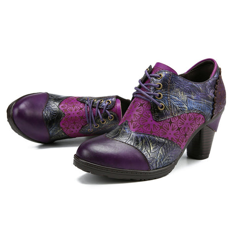 Retro Handmade Leather Patchwork Floral Pumps