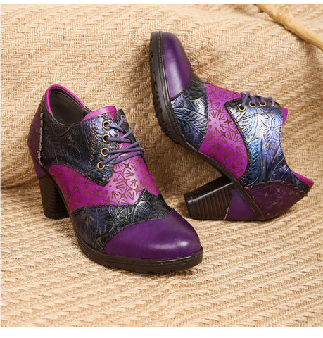 Retro Handmade Leather Patchwork Floral Pumps