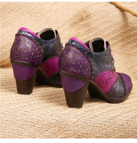 Retro Handmade Leather Patchwork Floral Pumps