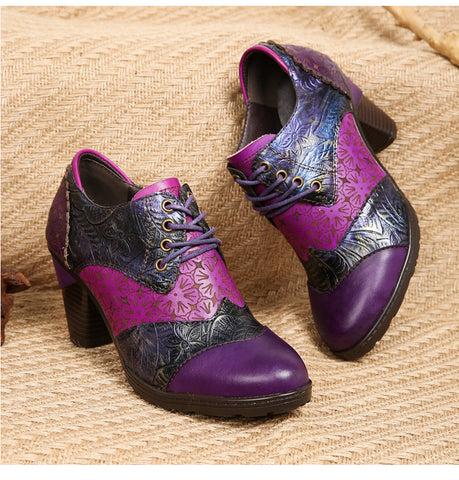 Retro Handmade Leather Patchwork Floral Pumps