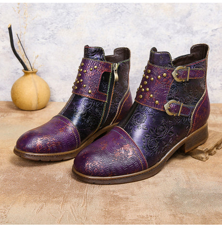 Vintage Handmade Embossed Rose Flat Boots