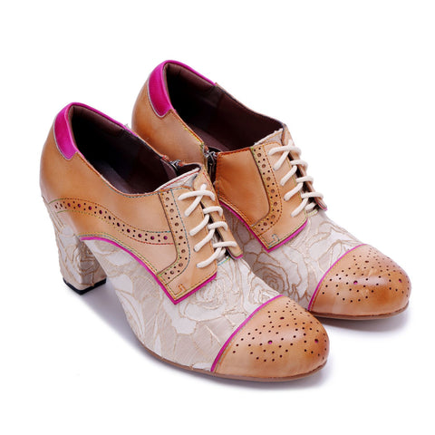 Vintage Patchwork Contrast Color Rose Lace-Up Zipper Pump (Ingrid)