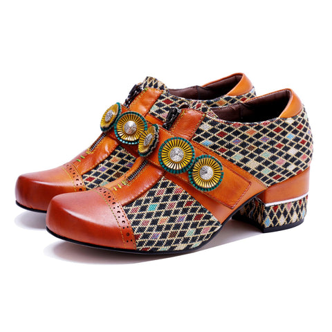 Bohemian Colorblock Plaid Patchwork Floral Velcro Zipper Heels (Morgana)
