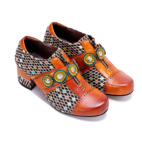 Bohemian Colorblock Plaid Patchwork Floral Velcro Zipper Heels (Morgana)