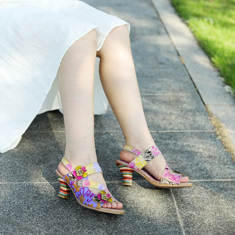 Handmade Leather Colored Stripe Heel Comfy Sandals