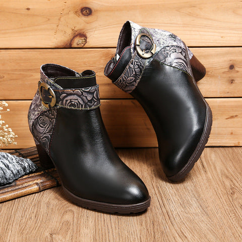 Handmade Floral Embossed Ankle Boots