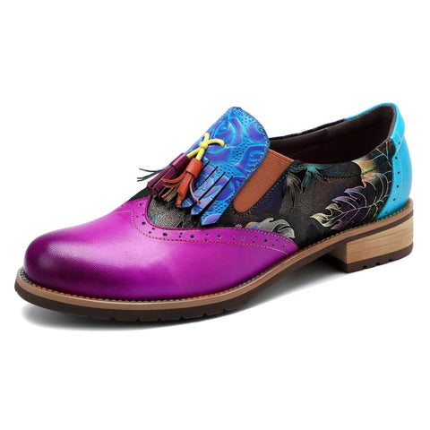 QueenBoho Bohemian Painted  Brogue Genuine Leather Shoes