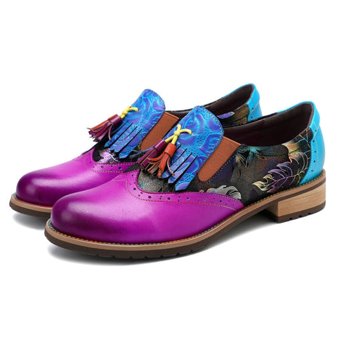 QueenBoho Bohemian Painted  Brogue Genuine Leather Shoes