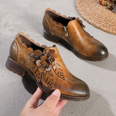 QueenBoho Retro Handmade Floral Leather Flat Boots