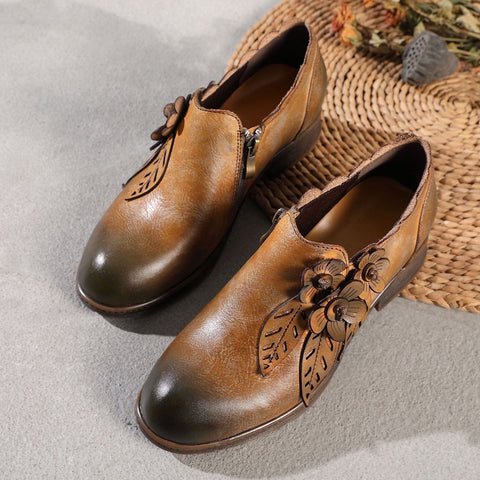 QueenBoho Retro Handmade Floral Leather Flat Boots