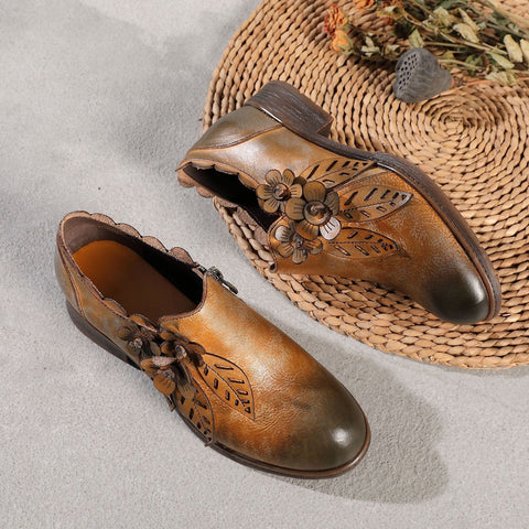 QueenBoho Retro Handmade Floral Leather Flat Boots