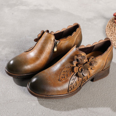 QueenBoho Retro Handmade Floral Leather Flat Boots