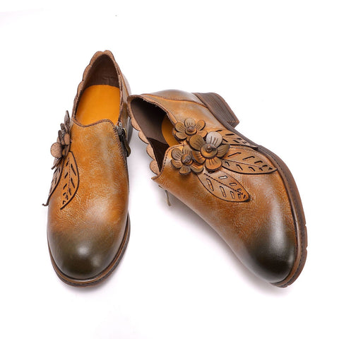 QueenBoho Retro Handmade Floral Leather Flat Boots