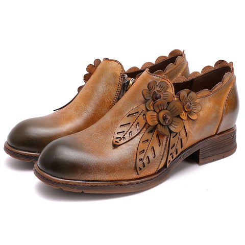 QueenBoho Retro Handmade Floral Leather Flat Boots