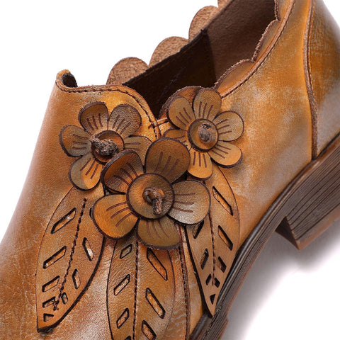 QueenBoho Retro Handmade Floral Leather Flat Boots