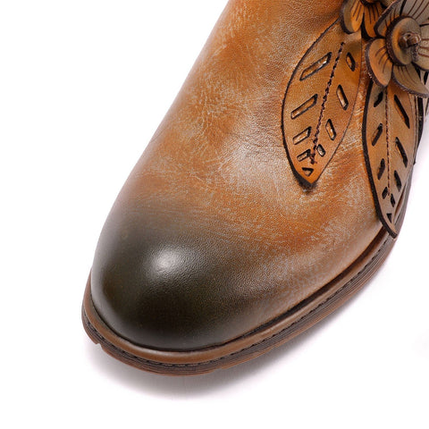 QueenBoho Retro Handmade Floral Leather Flat Boots