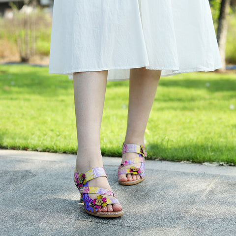 Handmade Leather Colored Stripe Heel Comfy Sandals