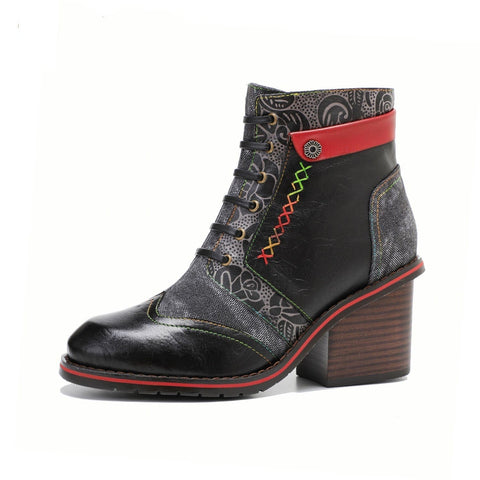 Retro Patchwork Color Contrast Comfort Block Heel Booties