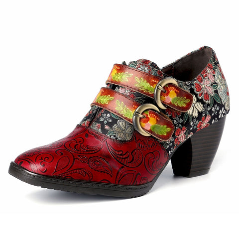 Genuine Leather Florals Hook Loop Pumps
