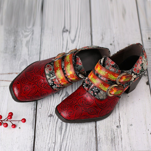 Genuine Leather Florals Hook Loop Pumps