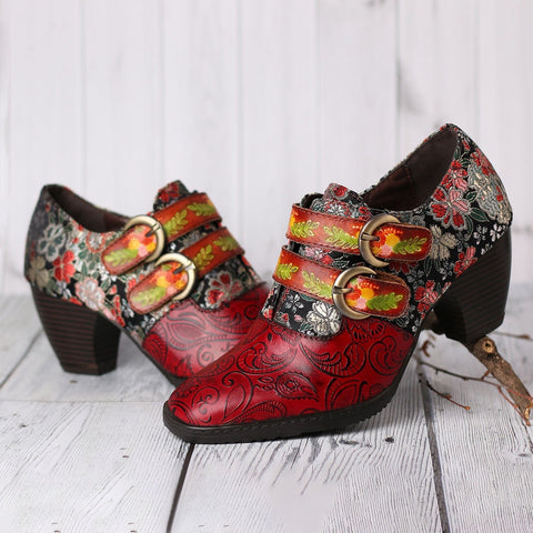 Genuine Leather Florals Hook Loop Pumps