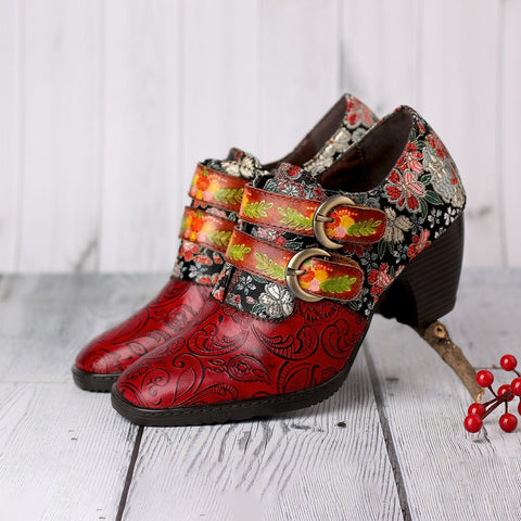 Genuine Leather Florals Hook Loop Pumps