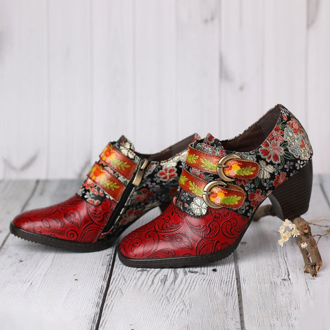 Genuine Leather Florals Hook Loop Pumps