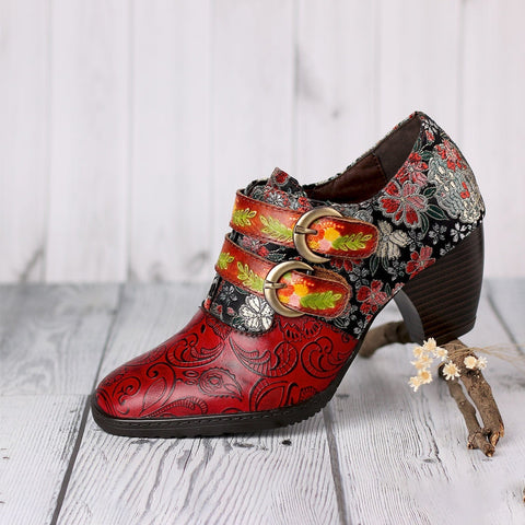 Genuine Leather Florals Hook Loop Pumps
