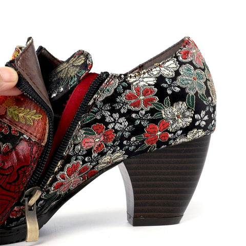 Genuine Leather Florals Hook Loop Pumps