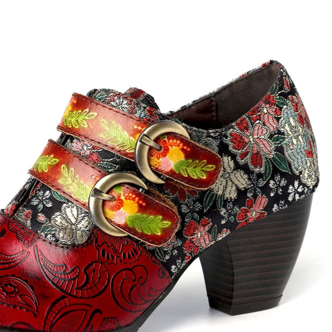 Genuine Leather Florals Hook Loop Pumps