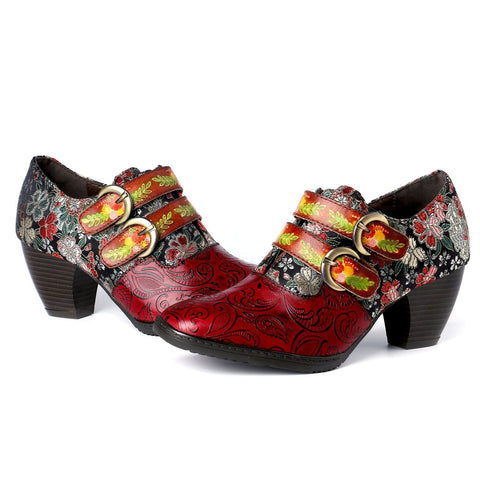 Genuine Leather Florals Hook Loop Pumps