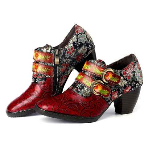 Genuine Leather Florals Hook Loop Pumps